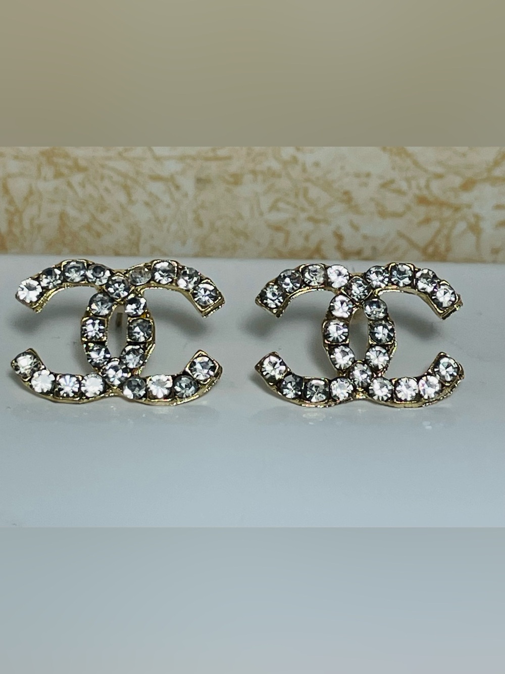 Unique Vintage Gold-Tone Crystal CC Stud Earrings